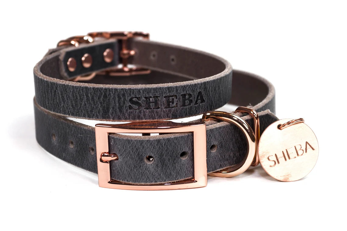 Leather Dog Collar - Copper / Rose Gold Tone Nameplate + Hanging Tag + –  CopperLeafLeather