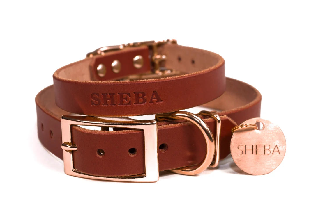 Leather Dog Collar - Copper / Rose Gold Tone Nameplate + Hanging Tag + –  CopperLeafLeather