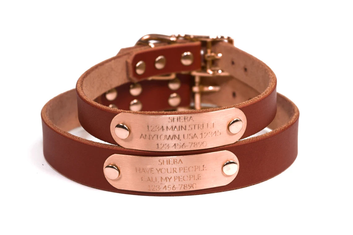  Handmade Personalized Bridle Leather Dog Collar Engraved Pet  Name, Copper/Rose Gold Tone Hardware (Black) : Handmade Products